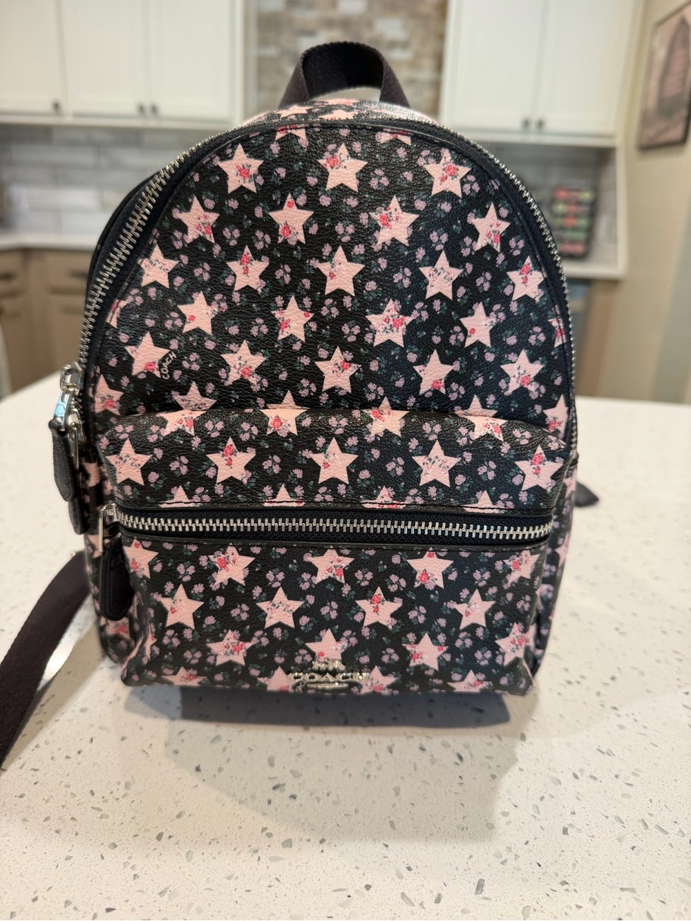 Coach Black Mini Backpack with Pink Star Pattern